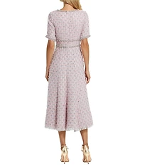 Mac Duggal Short Sleeve Beaded Trim Boucle Midi Dress