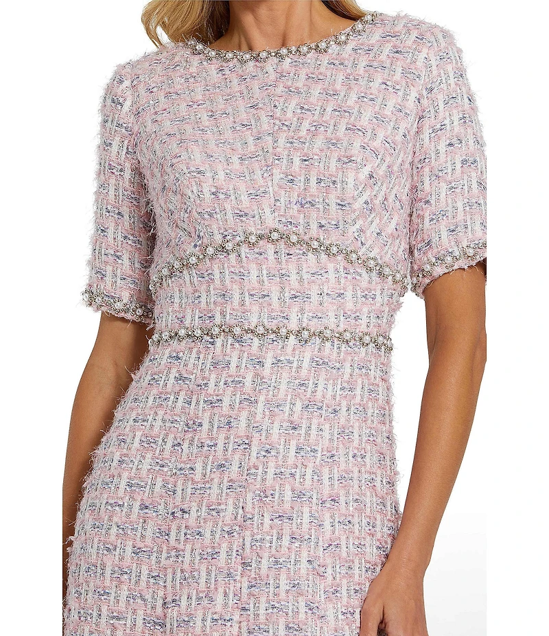 Mac Duggal Short Sleeve Beaded Trim Boucle Midi Dress