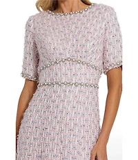 Mac Duggal Short Sleeve Beaded Trim Boucle Midi Dress