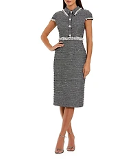 Mac Duggal Short Sleeve Boucle Button Up Collared Midi Dress
