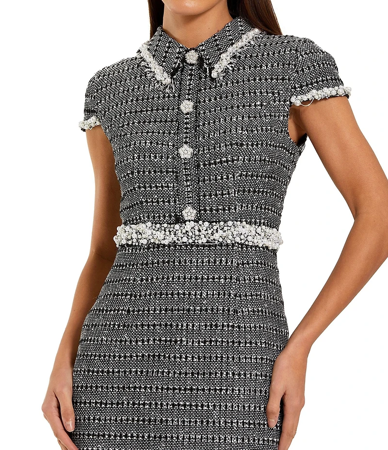 Mac Duggal Short Sleeve Boucle Button Up Collared Midi Dress