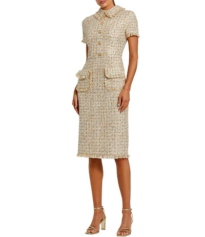 Mac Duggal Short Sleeve Boucle Collared Button Up Midi Dress