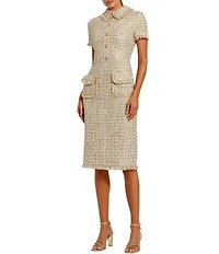 Mac Duggal Short Sleeve Boucle Collared Button Up Midi Dress