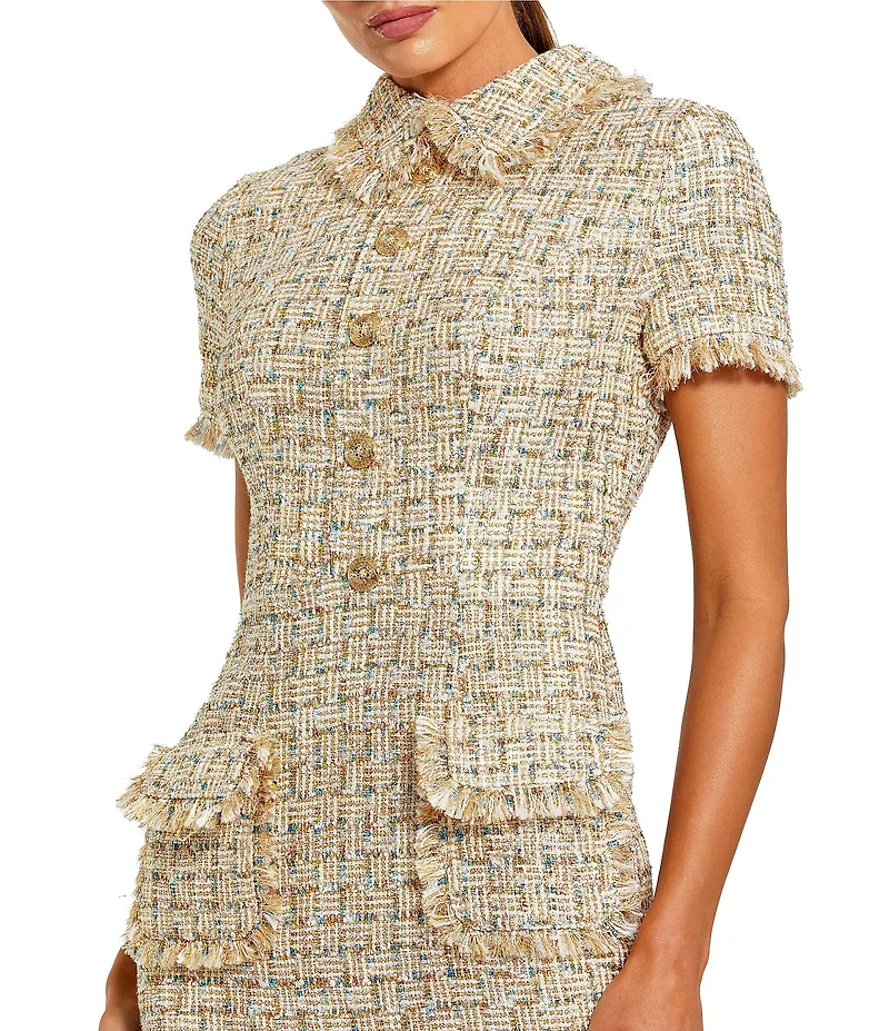 Mac Duggal Short Sleeve Boucle Collared Button Up Midi Dress