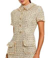 Mac Duggal Short Sleeve Boucle Collared Button Up Midi Dress