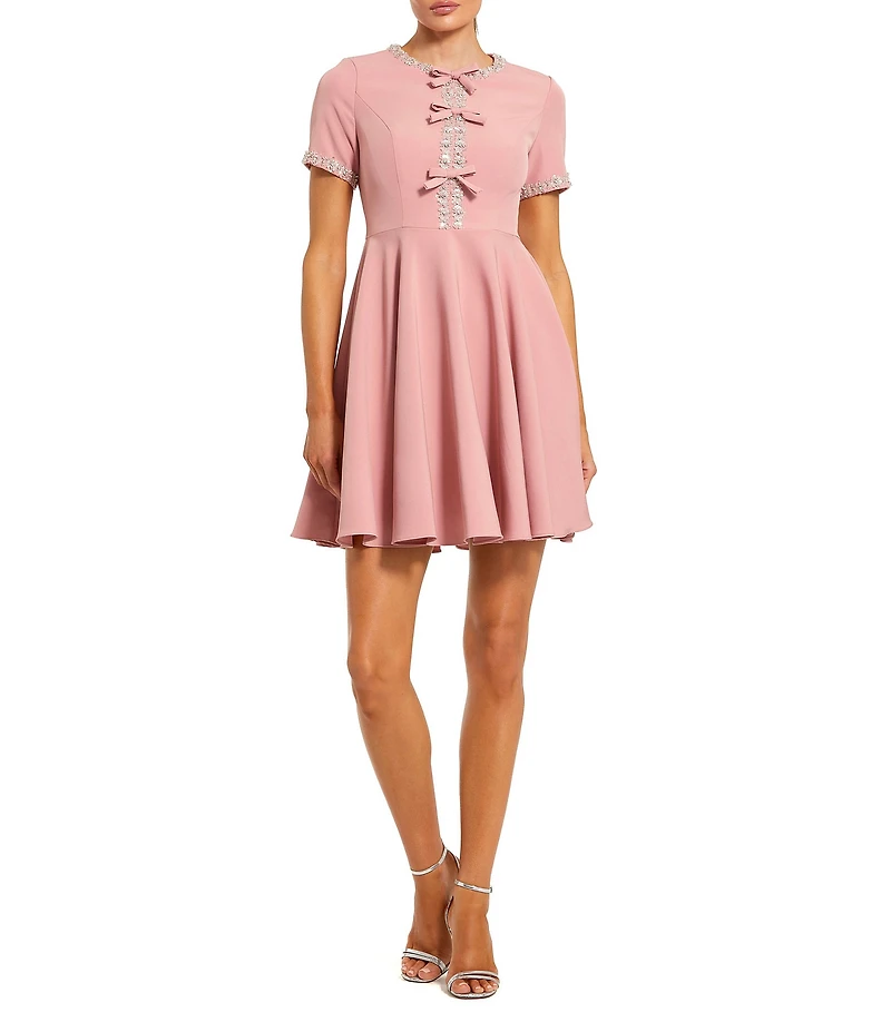 Mac Duggal Short Sleeve Bow Front Crepe Short Dress