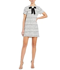 Mac Duggal Short Sleeve Crew Neck Bow Detail Tweed Mini Dress