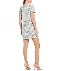 Mac Duggal Short Sleeve Crew Neck Bow Detail Tweed Mini Dress