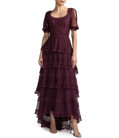 Mac Duggal Short Sleeve Micro Ruffle Maxi Dress