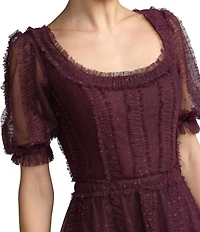 Mac Duggal Short Sleeve Micro Ruffle Maxi Dress
