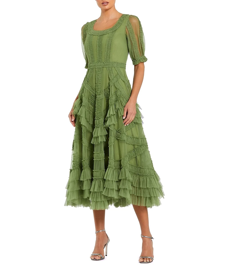 Mac Duggal Short Sleeve Micro Ruffle Mesh Aline Midi Dress