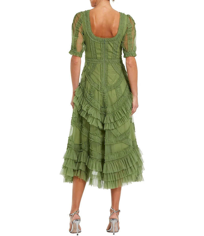 Mac Duggal Short Sleeve Micro Ruffle Mesh Aline Midi Dress