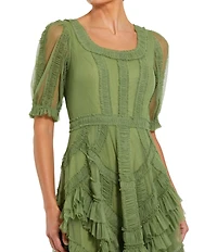 Mac Duggal Short Sleeve Micro Ruffle Mesh Aline Midi Dress
