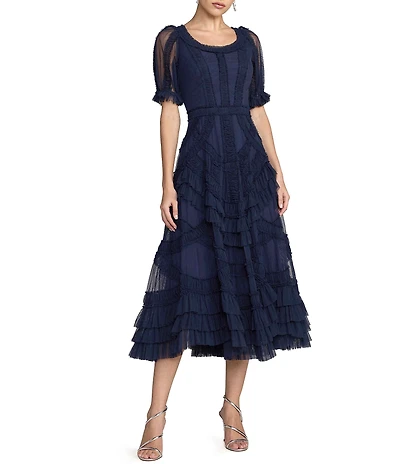 Mac Duggal Short Sleeve Micro Ruffle Mesh Aline Midi Dress