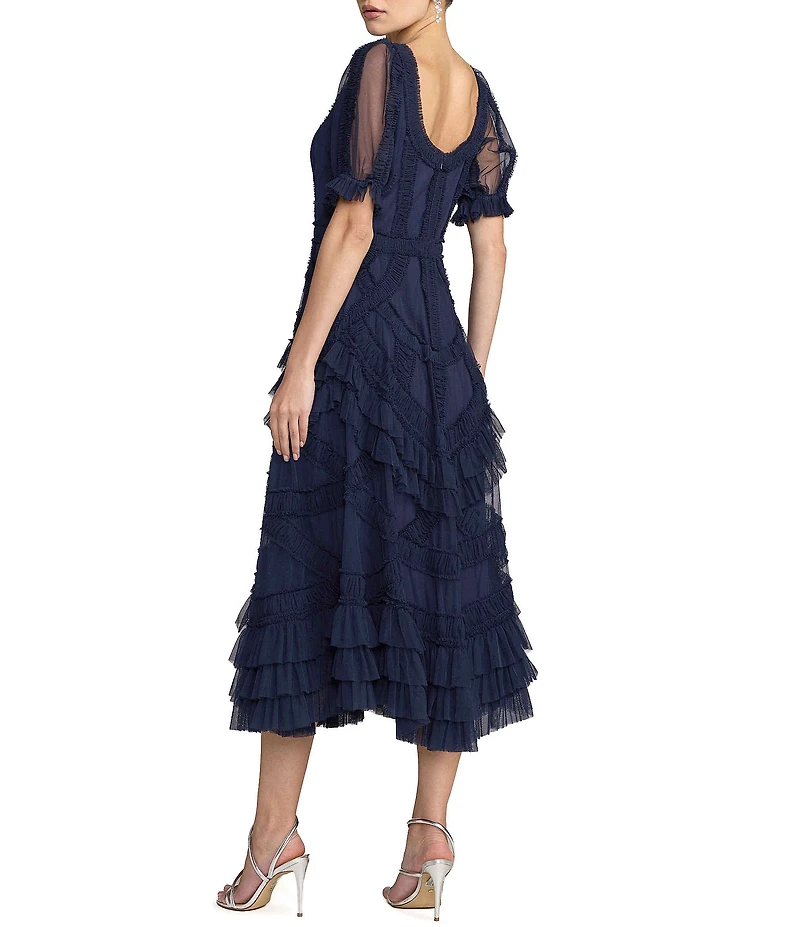 Mac Duggal Short Sleeve Micro Ruffle Mesh Aline Midi Dress