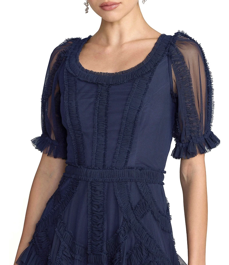 Mac Duggal Short Sleeve Micro Ruffle Mesh Aline Midi Dress