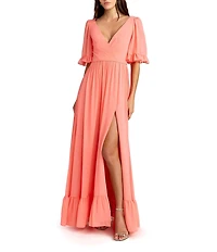 Mac Duggal Short Sleeve Ruffle Trim A-Line Long Dress