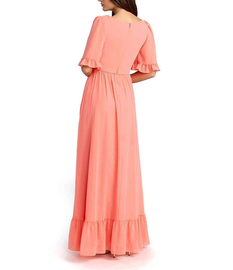 Mac Duggal Short Sleeve Ruffle Trim A-Line Long Dress