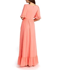 Mac Duggal Short Sleeve Ruffle Trim A-Line Long Dress