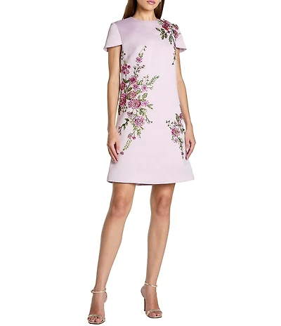 Mac Duggal Short Sleeve Satin Embroidered Sheath Dress
