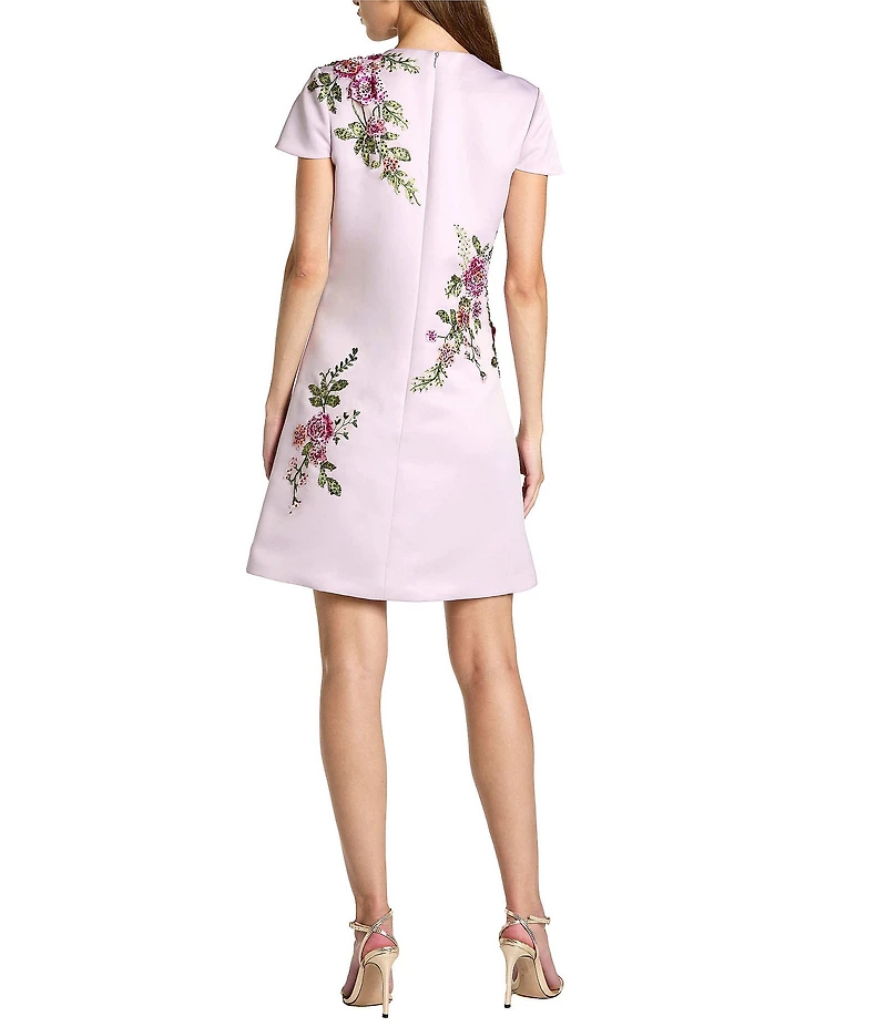 Mac Duggal Short Sleeve Satin Embroidered Sheath Dress
