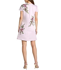 Mac Duggal Short Sleeve Satin Embroidered Sheath Dress