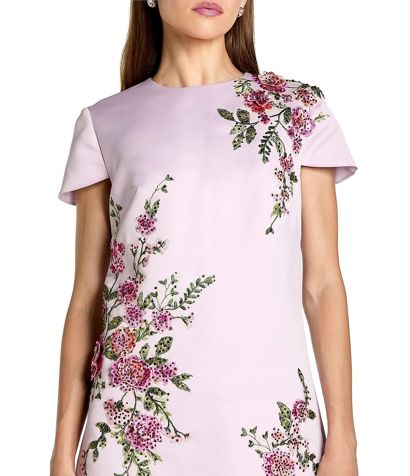 Mac Duggal Short Sleeve Satin Embroidered Sheath Dress