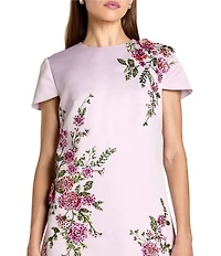 Mac Duggal Short Sleeve Satin Embroidered Sheath Dress