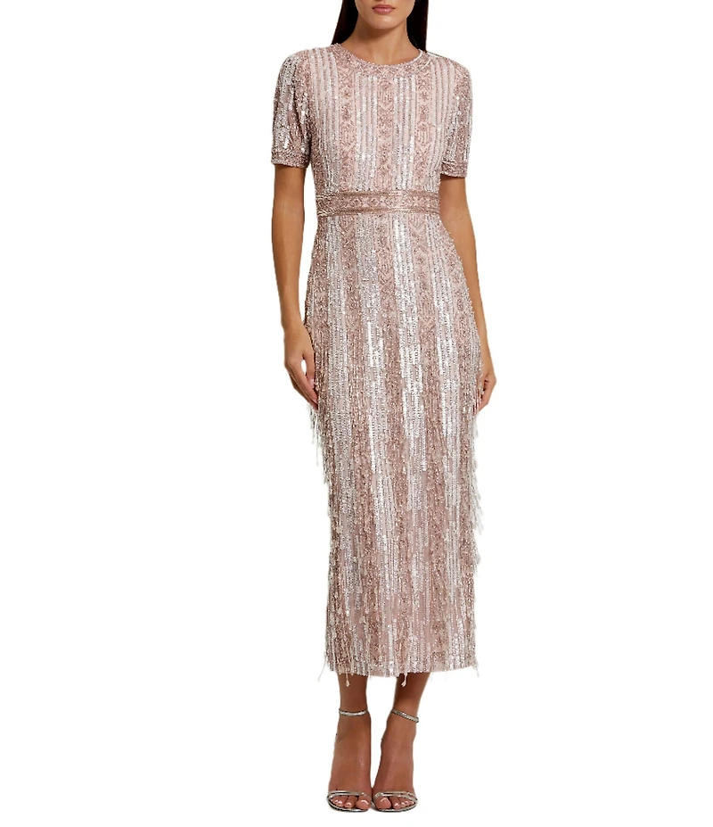 Mac Duggal Short Sleeve Sequined Beaded Sheath Midi Dress