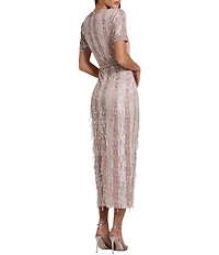 Mac Duggal Short Sleeve Sequined Beaded Sheath Midi Dress