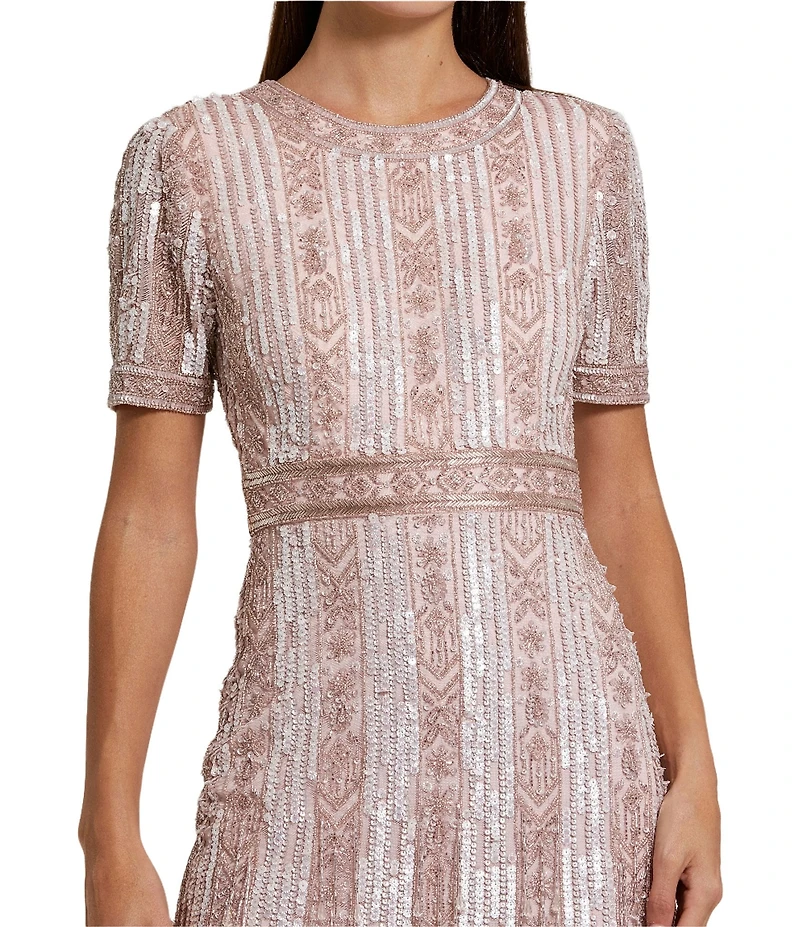 Mac Duggal Short Sleeve Sequined Beaded Sheath Midi Dress