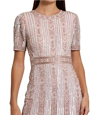 Mac Duggal Short Sleeve Sequined Beaded Sheath Midi Dress
