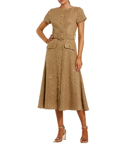 Mac Duggal Short Sleeve Shimmer Tweed Belted Midi Dress