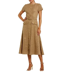 Mac Duggal Short Sleeve Shimmer Tweed Belted Midi Dress