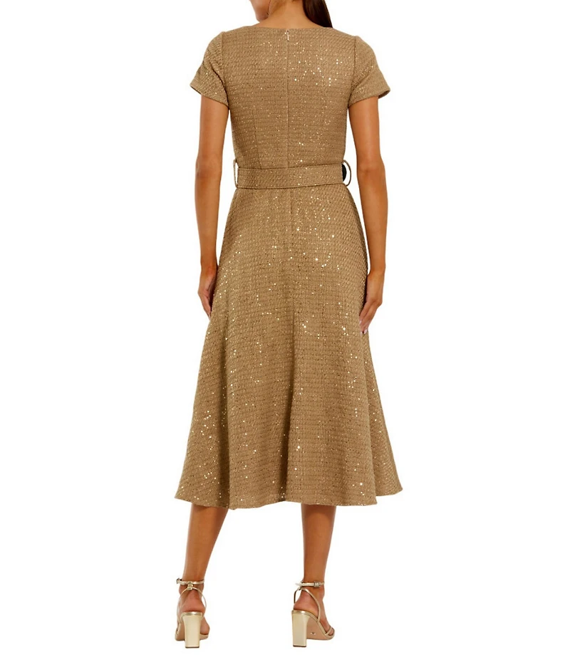Mac Duggal Short Sleeve Shimmer Tweed Belted Midi Dress