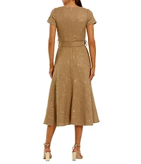 Mac Duggal Short Sleeve Shimmer Tweed Belted Midi Dress