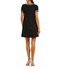 Mac Duggal Short Sleeve Tweed Mini Dress With Beading Detail