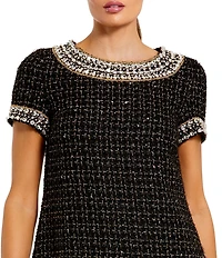 Mac Duggal Short Sleeve Tweed Mini Dress With Beading Detail