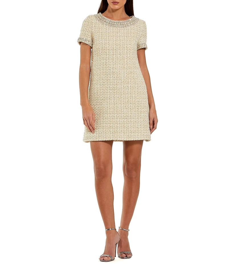 Mac Duggal Short Sleeve Tweed Mini Dress With Beading Detail
