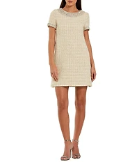 Mac Duggal Short Sleeve Tweed Mini Dress With Beading Detail