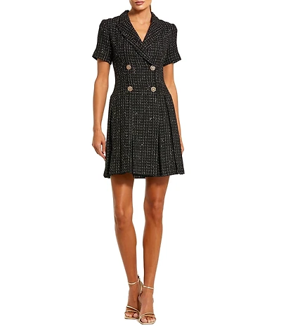 Mac Duggal Short Sleeve V Neck Tweed Blazer Mini Dress