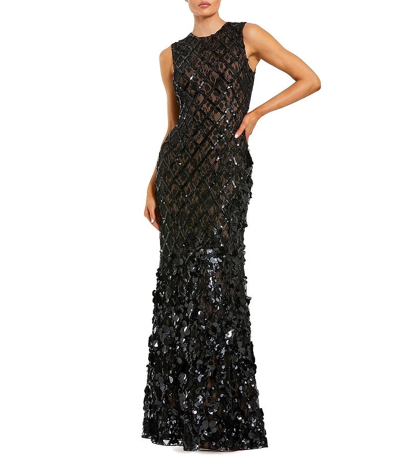 Mac Duggal Sleeveless Beaded Sequin Mesh Mermaid Gown
