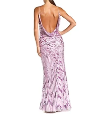 Mac Duggal Sleeveless Cowl Back Beaded Column Gown
