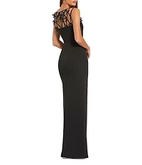 Mac Duggal Sleeveless Crepe Embellished Bows Crew Neck Sheath Gown