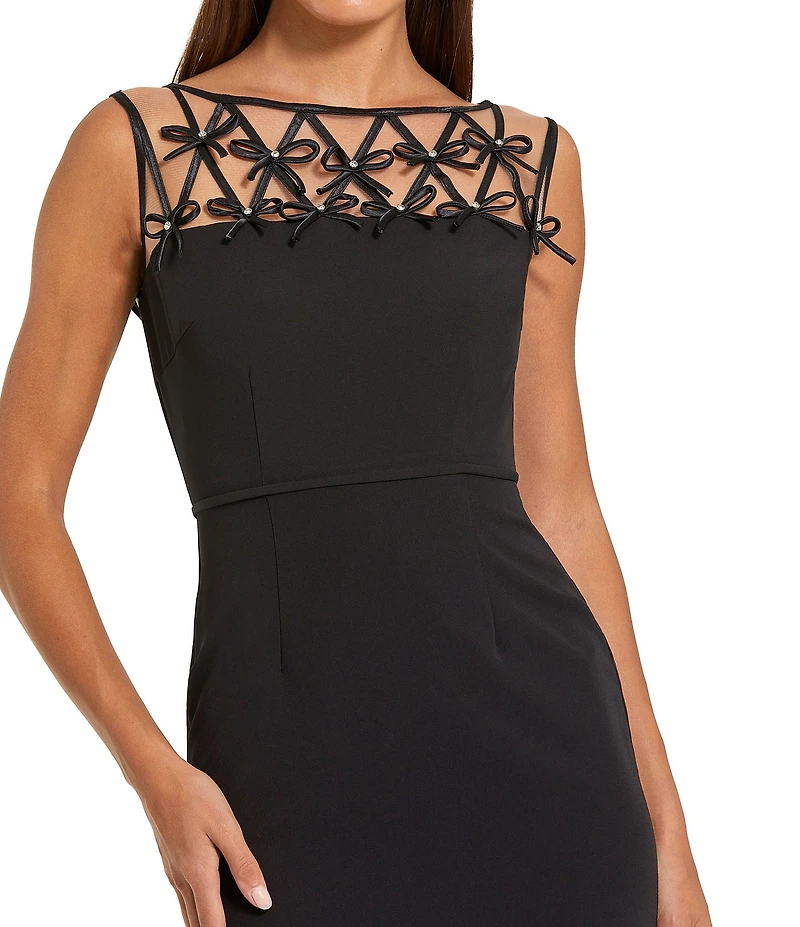 Mac Duggal Sleeveless Crepe Embellished Bows Crew Neck Sheath Gown
