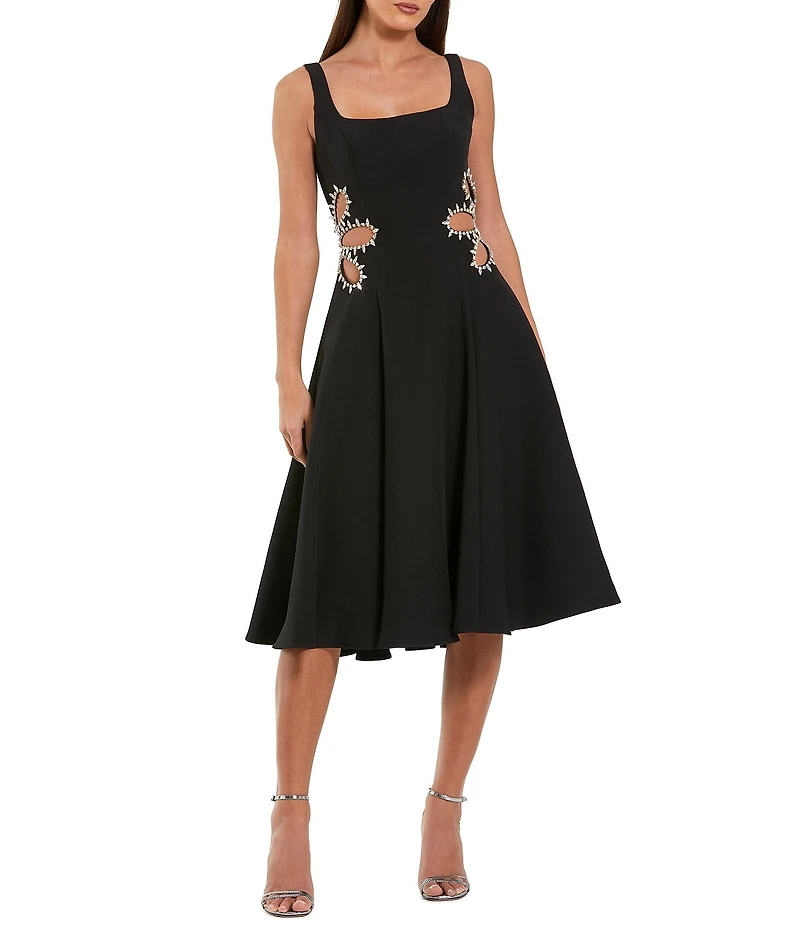 Mac Duggal Sleeveless Crepe Midi Dress With Rhinestone Detail & Side Cut Outs