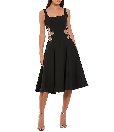 Mac Duggal Sleeveless Crepe Midi Dress With Rhinestone Detail & Side Cut Outs