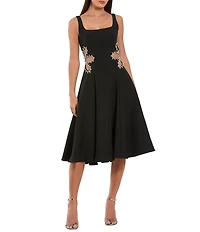 Mac Duggal Sleeveless Crepe Midi Dress With Rhinestone Detail & Side Cut Outs