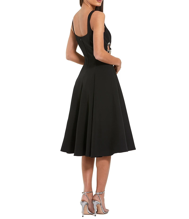 Mac Duggal Sleeveless Crepe Midi Dress With Rhinestone Detail & Side Cut Outs