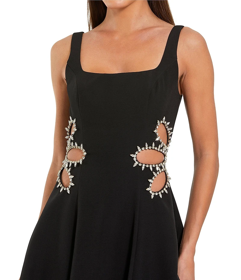 Mac Duggal Sleeveless Crepe Midi Dress With Rhinestone Detail & Side Cut Outs